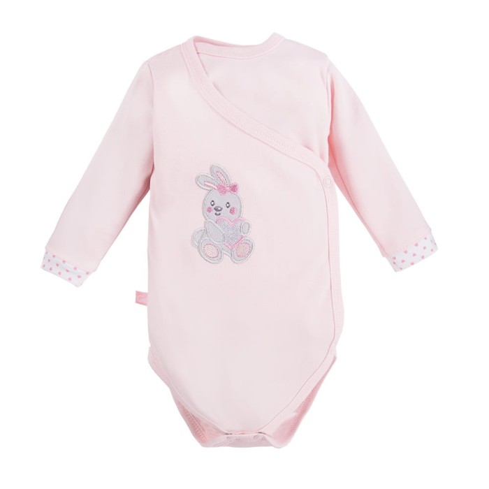 Langärmeliger Wickelbody mit Umschlagausschnitt, rosa mit Kaninchen