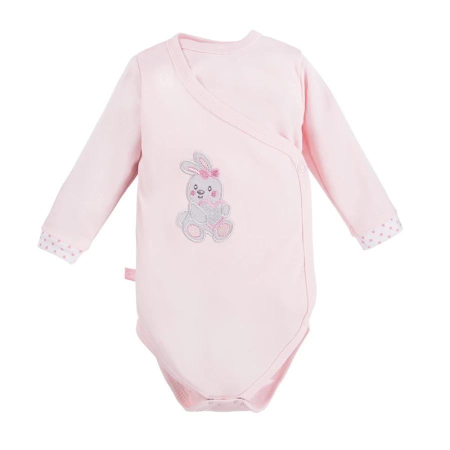 Langärmeliger Wickelbody mit Umschlagausschnitt, rosa mit Kaninchen
