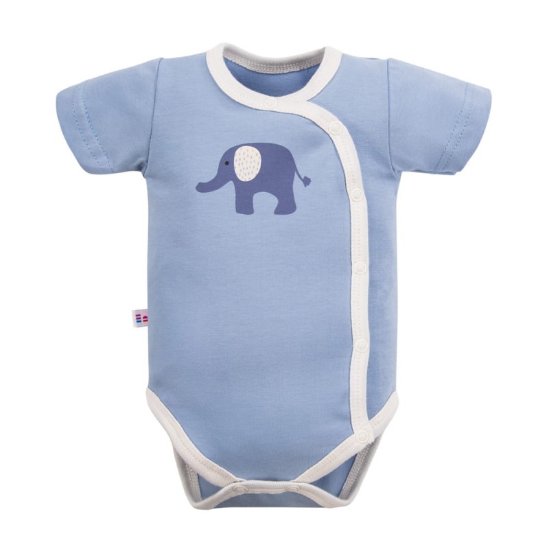 Kopertowe body niemowlęce niebieskie ze słonikiem krótki rękaw