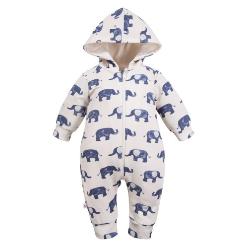 Overall ohne Füße in Ecru mit Elefanten