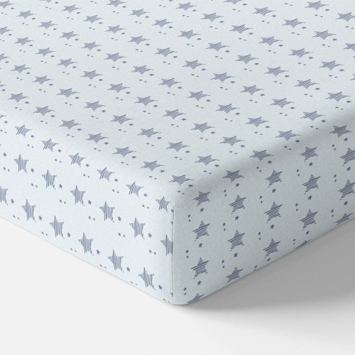 Jersey fitted sheet with flowers blue with stars