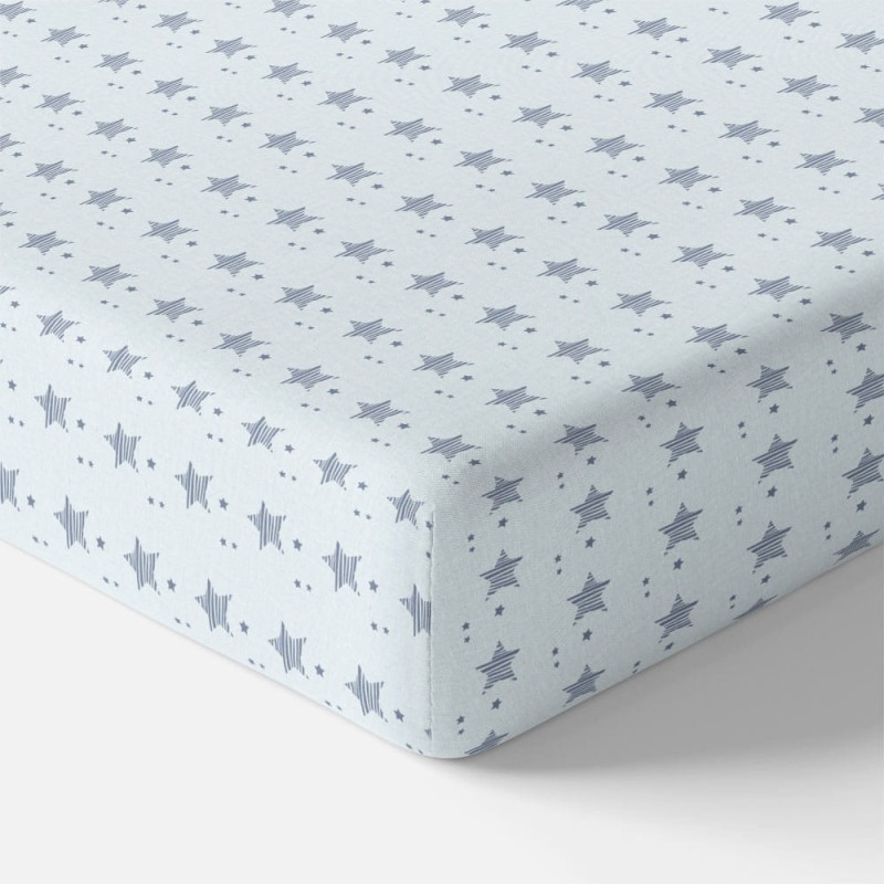 Jersey fitted sheet with flowers blue with stars