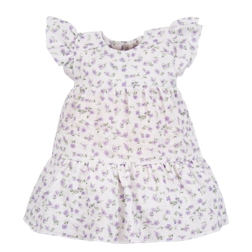 Musselin-Kleid mit violetten Blumen in Ecru