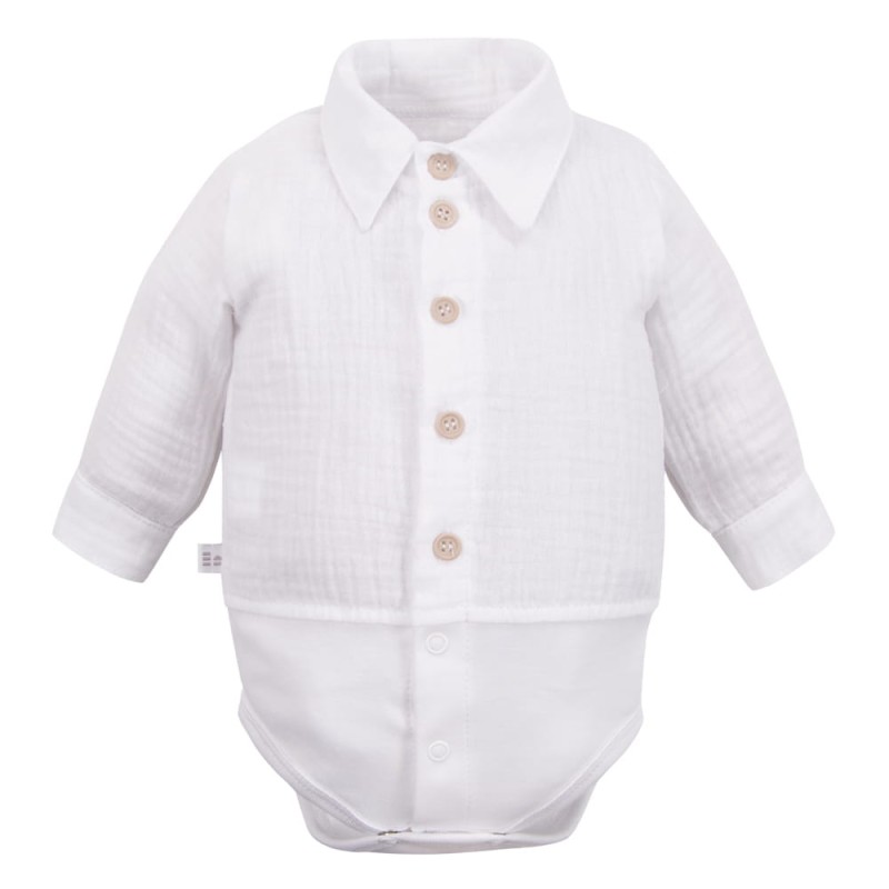 Muslin shirt bodysuit with collar and buttons, white