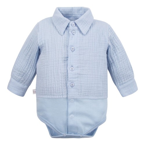 Muslin shirt-style bodysuit with collar and buttons light blue