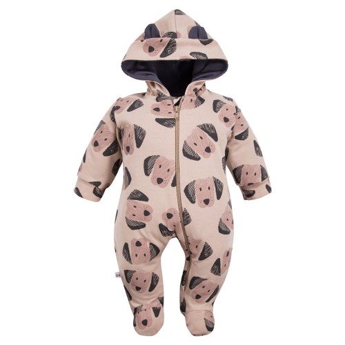 Babyoverall mit Kapuze, beige, mit Hunde-Motiv