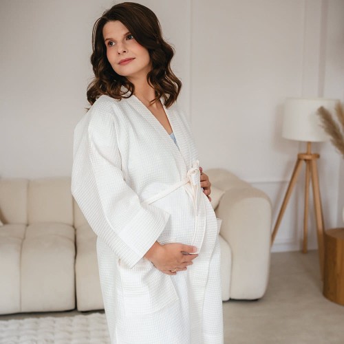 Umstandsbademantel für Damen aus Waffelpiqué in Ecru