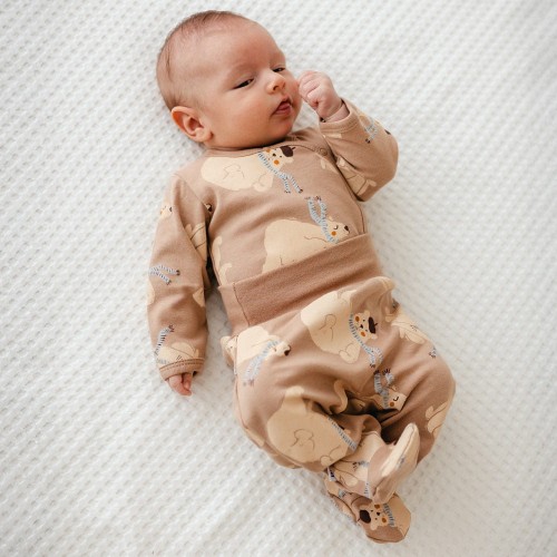 Beigefarbene Baby-Wickelbody mit Umschlagausschnitt und Bärenmotiv