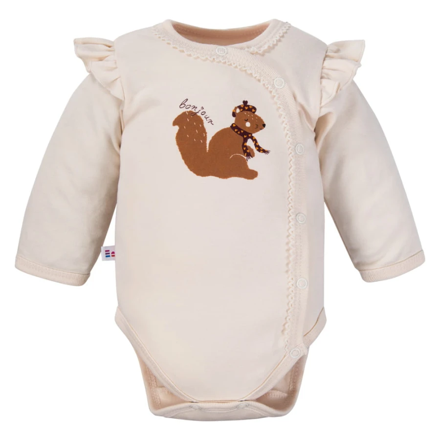 Ecrufarbener Wickelbody für Babys mit Eichhörnchen