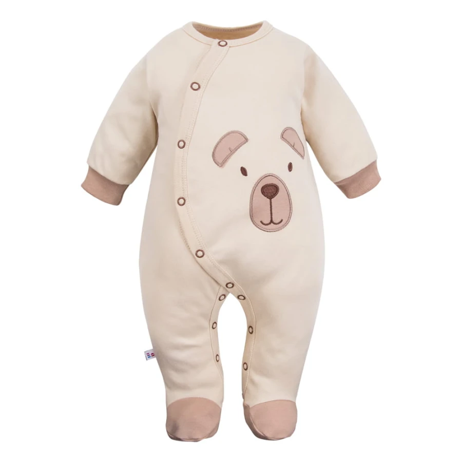 Ecrufarbener Baby-Strampler mit Teddybär-Stickerei