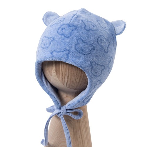 Blaue Baby-Mütze mit Bindebändern und Öhrchen aus Velours