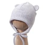 Graue Baby-Mütze mit Bindebändern und Öhrchen mit Bären