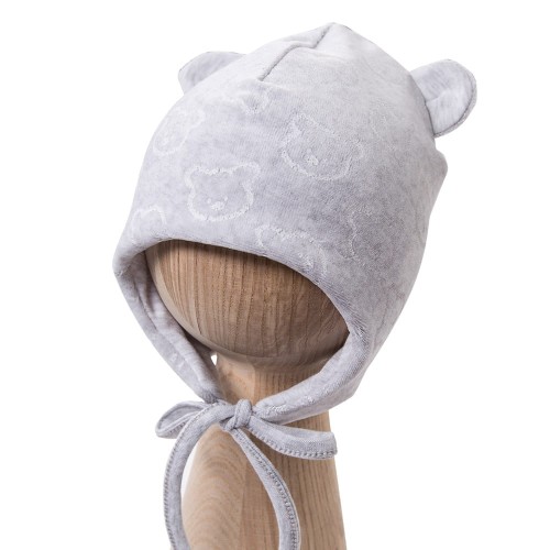 Graue Baby-Mütze mit Bindebändern und Öhrchen mit Bären