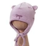 Baby-Mütze mit Bindebändern und Öhrchen flieder mit Schleifen