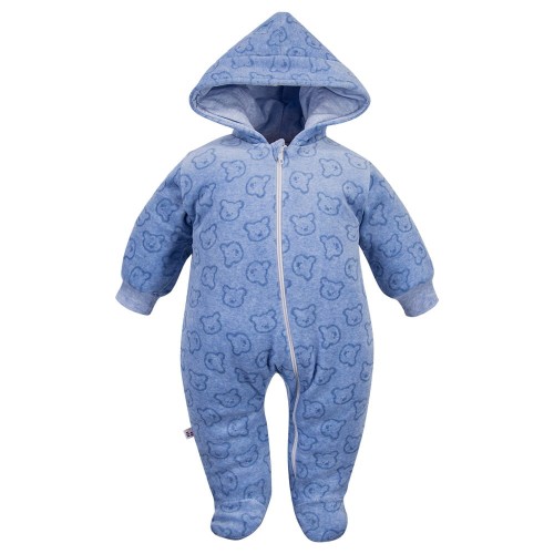 Baby-Overall mit Reißverschluss und Kapuze blau mit Bären