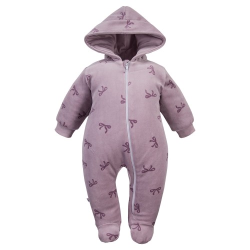 Baby-Overall mit Reißverschluss und Kapuze flieder mit Schleifen
