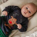 Weihnachtliches grünes Baumwoll-Set mit Rentierstickerei – Kollektion Hi Reindee