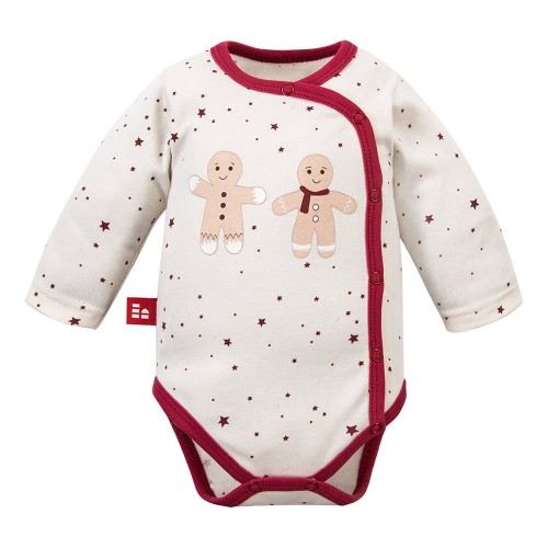 Baby Wickelbody ecru mit bordeauxroten Weihnachtssternen und Lebkuchenmotiven