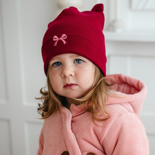 Kinder Mütze Bordeaux mit Ohren und Schleifenstickerei