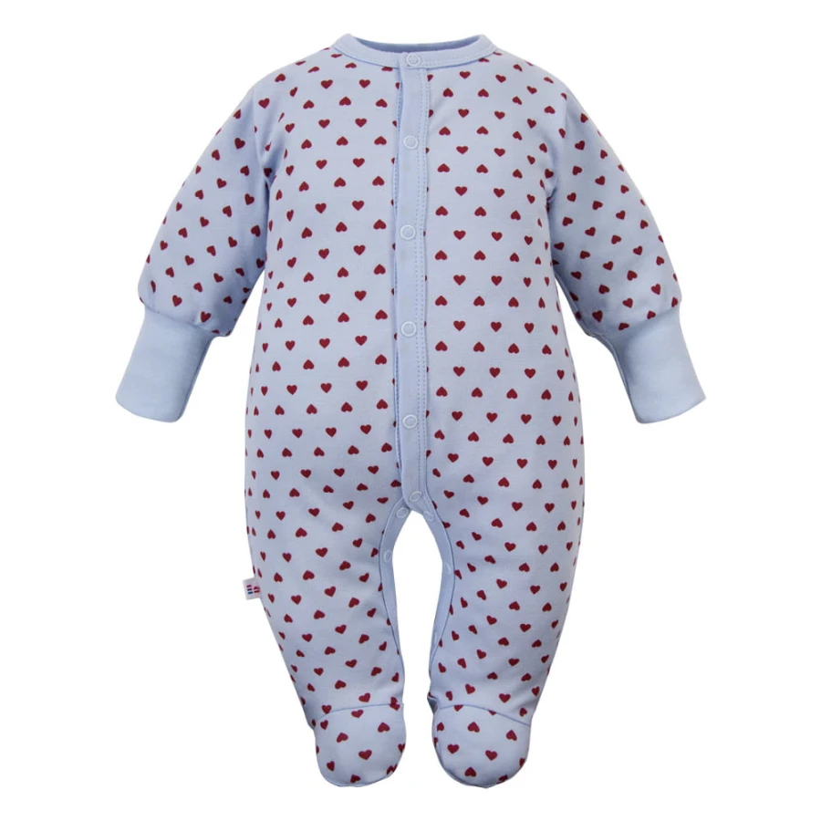 Blauer Baby-Strampler mit Herzchen und umklappbaren Ärmeln