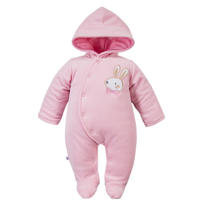 Pink velour baby romper with bunny