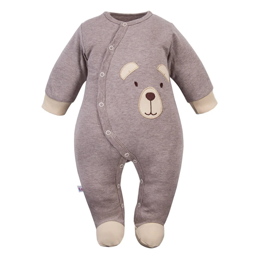 Babystrampler Braun Melange mit Bärenstickerei