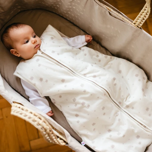 Ecru baby sleeping bag with teddy bear print