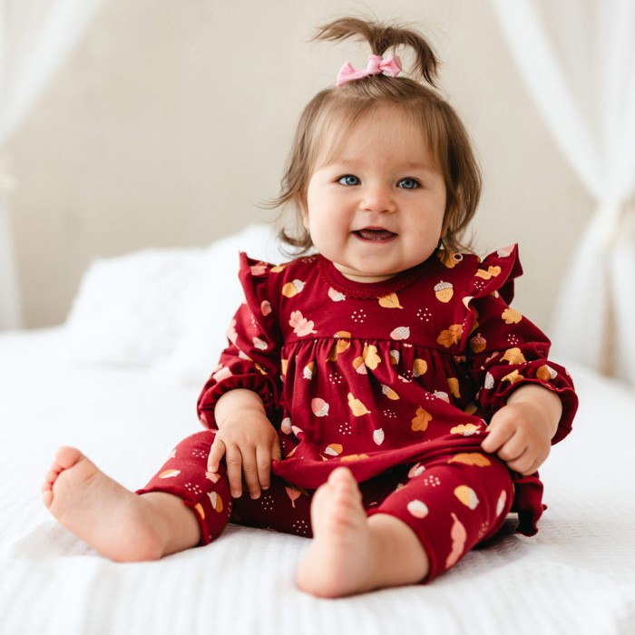 Mädchen-Set Body-Tunika und Leggings bordeaux mit Blättern und Eicheln