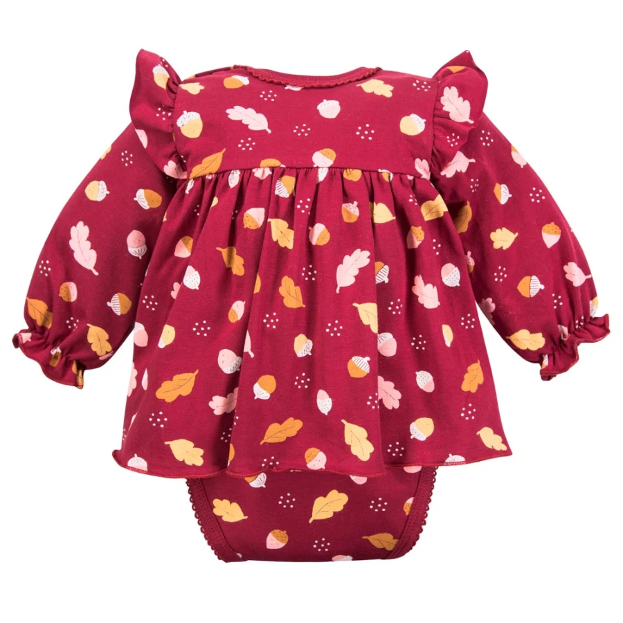 Mädchen-Set Body-Tunika und Leggings bordeaux mit Blättern und Eicheln