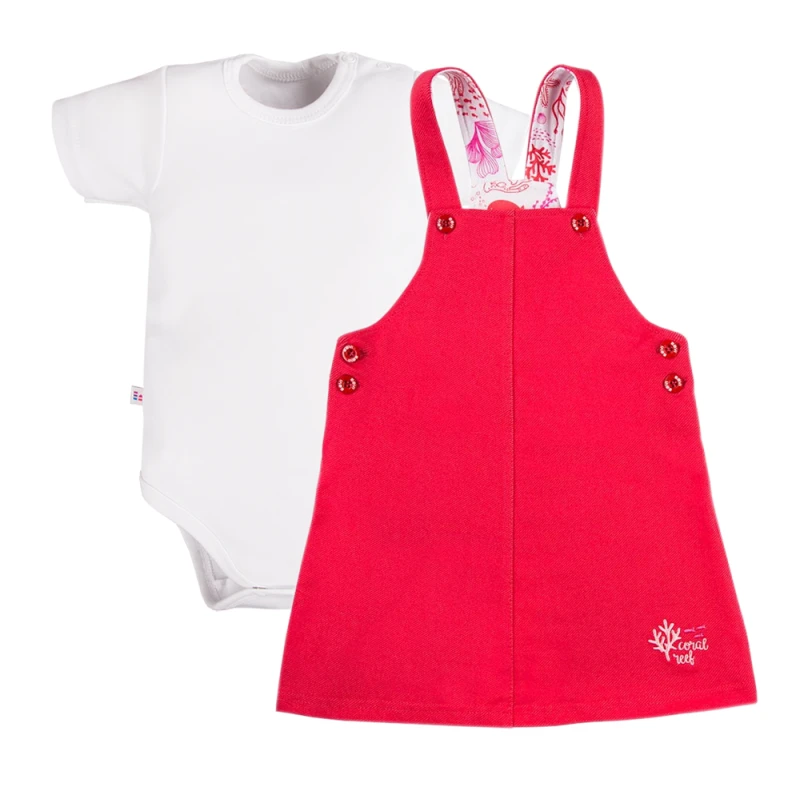 Coral dress overall set with white short sleeve bodysuit