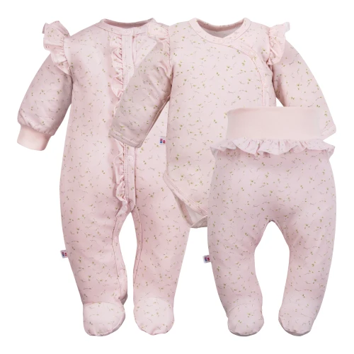 Baby girl set sleepsuit, bodysuit and footed pants pink floral