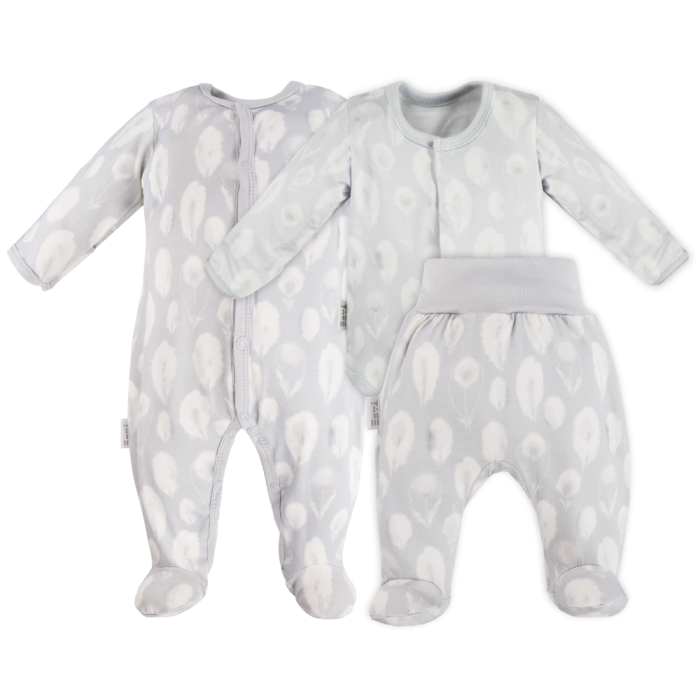Bambus Baby Set Schlafanzug Body und Hose grau mit Federn