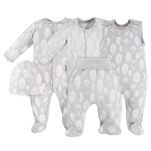 Baby bamboo set sleepsuit, sleep romper, bodysuit, hat and footed pants grey with feathers