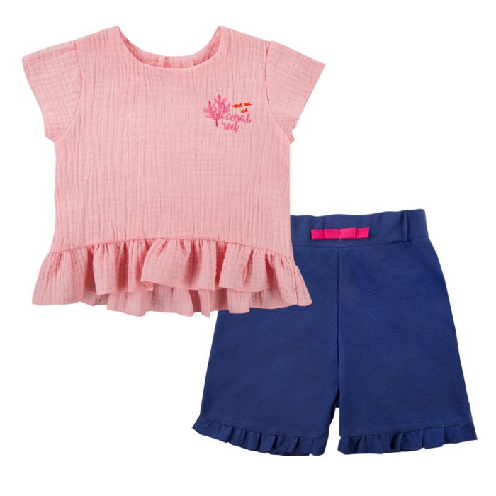 Set Rosa Musselinbluse und dunkelblaue Shorts