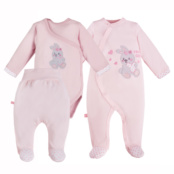 Babyset mit Body, Strampler und Fußhose in Rosa