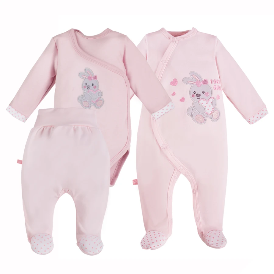 Babyset mit Body, Strampler und Fußhose in Rosa