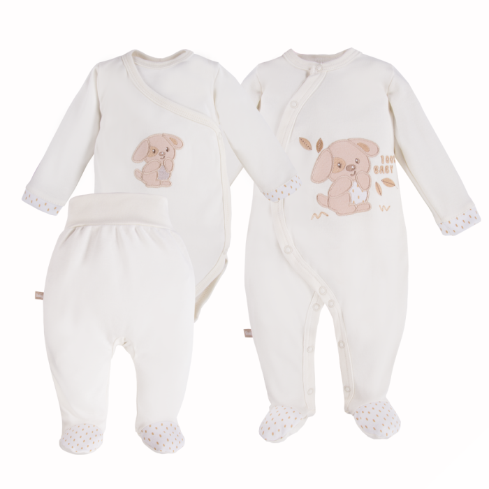 Babyset mit Body, Strampler und Fußhose in Ecru