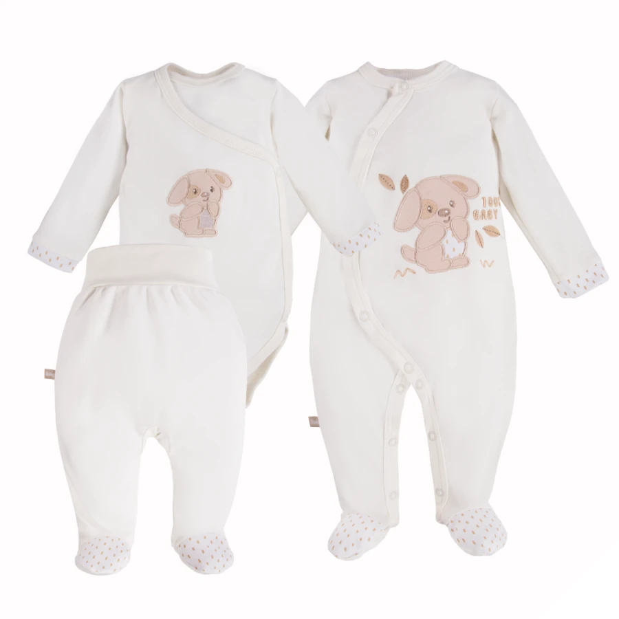 Babyset mit Body, Strampler und Fußhose in Ecru