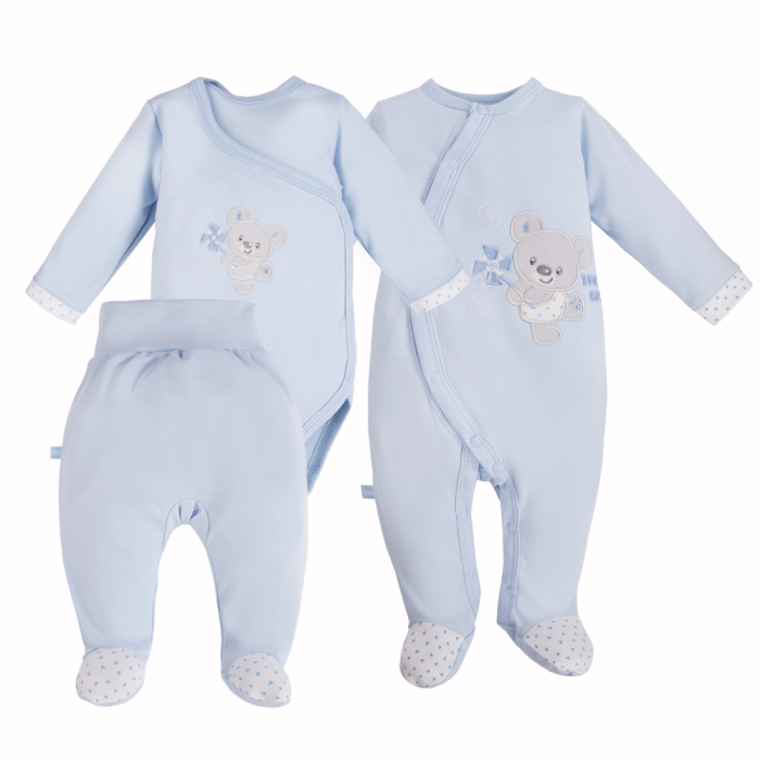 Babyset mit Body, Strampler und Fußhose in Blau