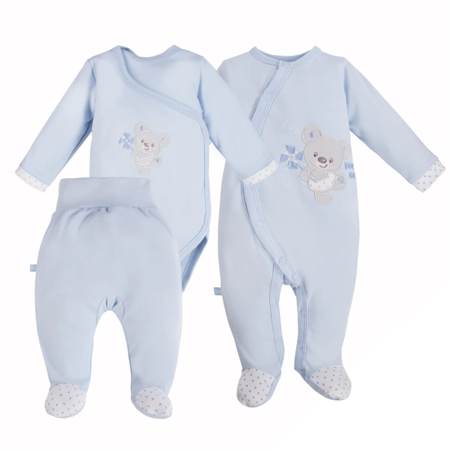 Babyset mit Body, Strampler und Fußhose in Blau