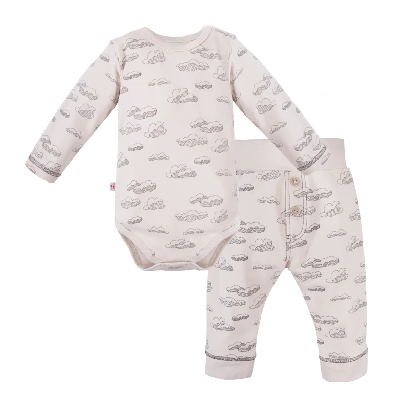 Set mit Wickelbody und beiger Hose mit Wolkenmuster