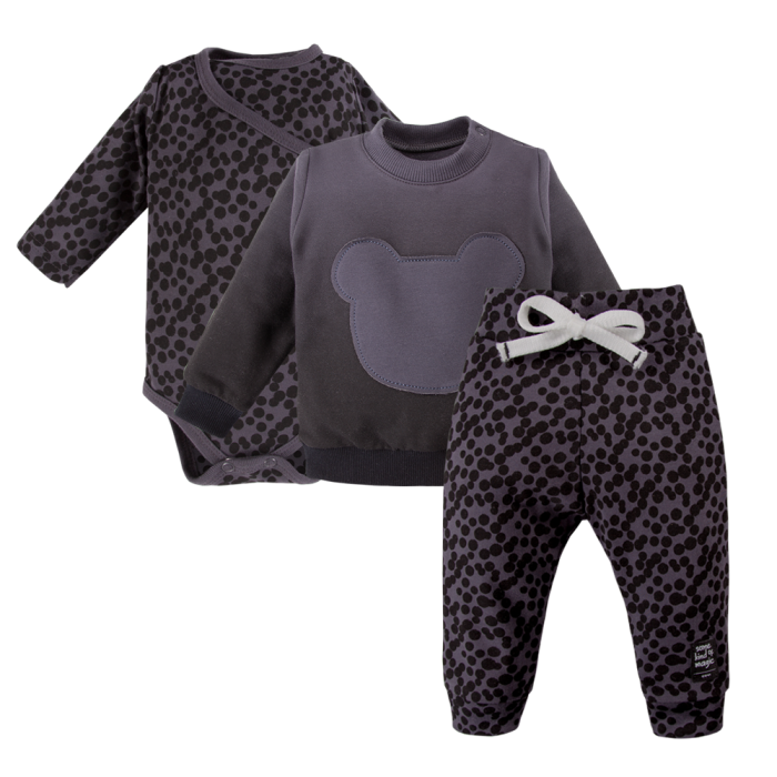 Set aus Wickelbody, graphitfarbener Hose mit Punkten und Sweatshirt