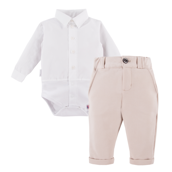 Set aus weißem Hemd-Body und eleganter beiger Hose