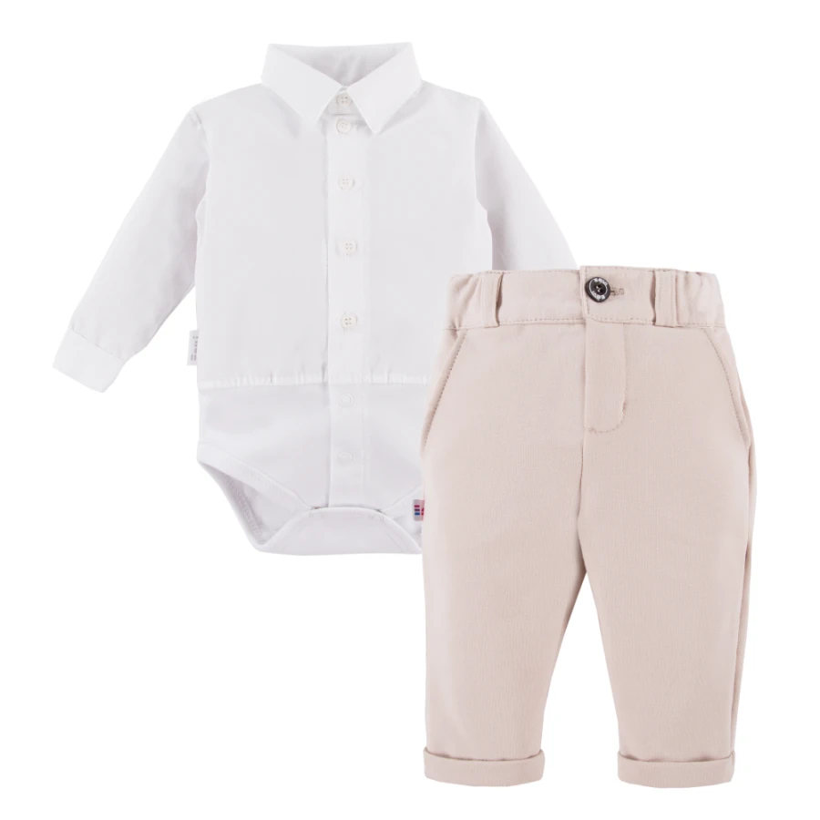 Set aus weißem Hemd-Body und eleganter beiger Hose