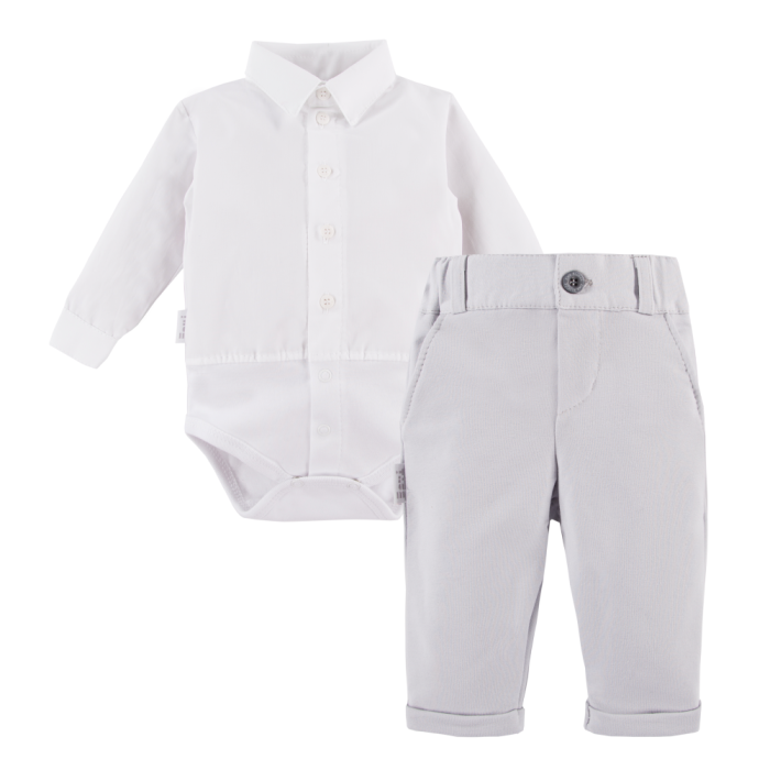 Set aus weißem Hemd-Body und eleganter grauer Hose