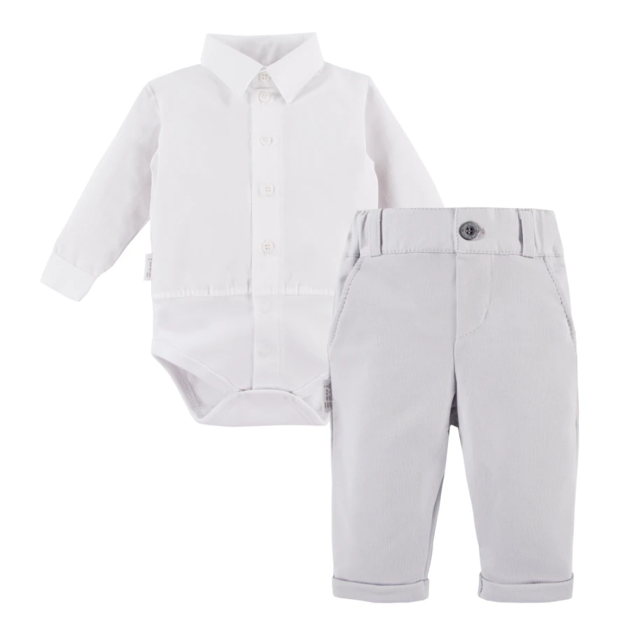 Set aus weißem Hemd-Body und eleganter grauer Hose