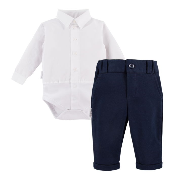 Set aus weißem Hemd-Body und eleganter dunkelblauer Hose