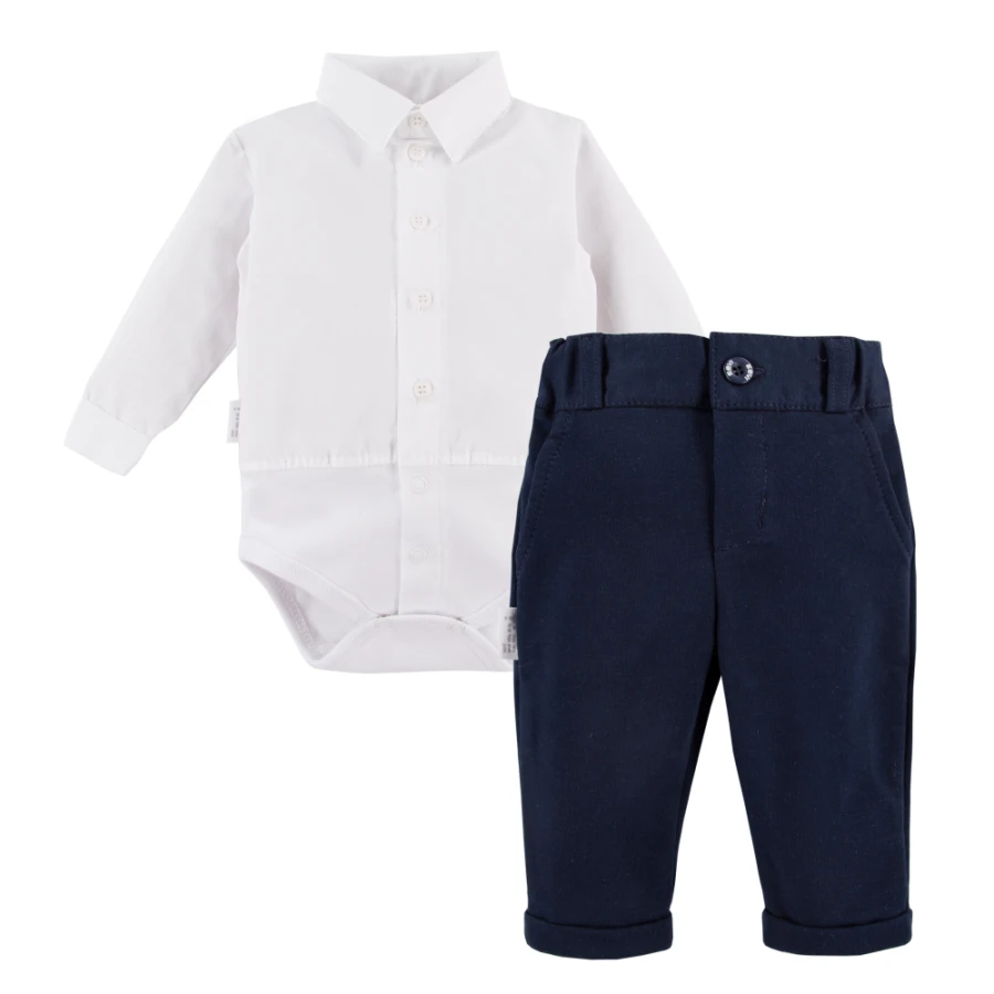 Set aus weißem Hemd-Body und eleganter dunkelblauer Hose