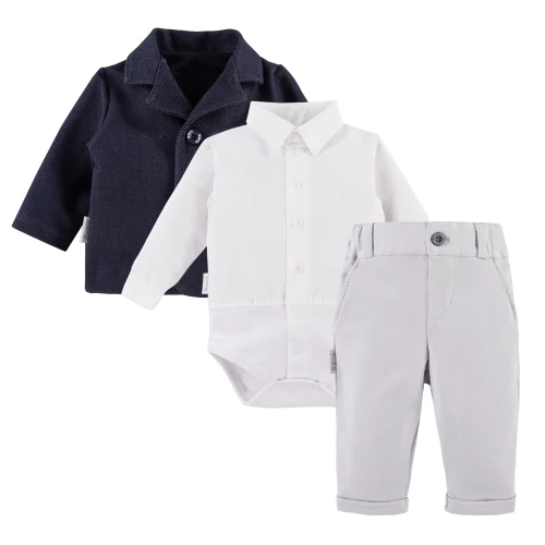 Set aus weißem Hemd-Body, grauer eleganter Hose und dunkelblauem Sakko
