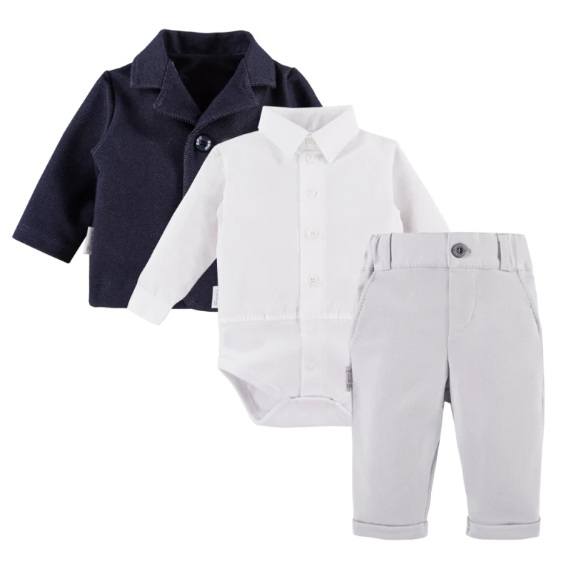 Set aus weißem Hemd-Body, grauer eleganter Hose und dunkelblauem Sakko